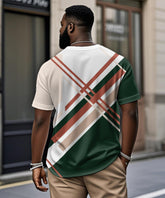 Big & Tall Men's Green Stripe Geometric Print Henley Collar Button Short Sleeve Tee